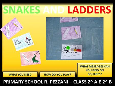 SNAKES AND LADDERS WHAT YOU NEED PRIMARY SCHOOL R. PEZZANI – CLASS 2^ A E 2^ B HOW DO YOU PLAY? WHAT MESSAGES CAN YOU FIND ON SQUARES?