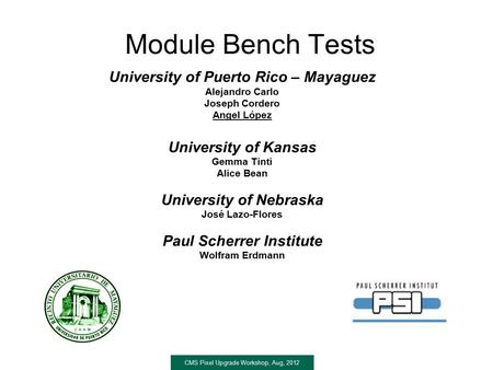 Module Bench Tests CMS Pixel Upgrade Workshop, Aug, 2012 University of Puerto Rico – Mayaguez Alejandro Carlo Joseph Cordero Angel López University of.