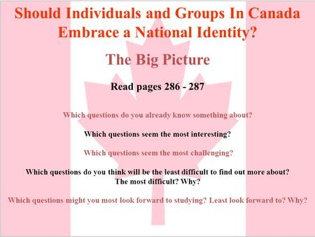 Should Individuals and Groups In Canada Embrace a National Identity? The Big Picture Read pages 286 - 287 Which questions do you already know something.