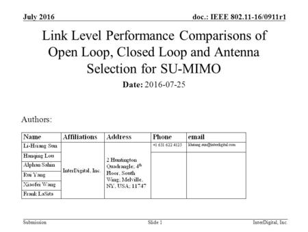 InterDigital, Inc. Submission doc.: IEEE 802.11-16/0911r1 July 2016 Link Level Performance Comparisons of Open Loop, Closed Loop and Antenna Selection.