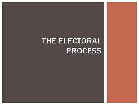 THE ELECTORAL PROCESS.  election process begins with the nomination of candidates which means the selection of one candidate from each of the 2 major.