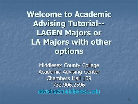 1 Welcome to Academic Advising Tutorial-- LAGEN Majors or LA Majors with other options Middlesex County College Academic Advising Center Chambers Hall.