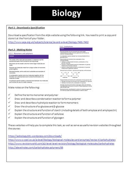 Part 1: Download a Specification Download a specification from the AQA website using the following link. You need to print a copy and store it at the front.