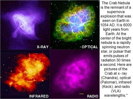 The Crab Nebula is the remnant of a supernova explosion that was seen on Earth in 1054 AD. It is 6000 light years from Earth. At the center of the bright.
