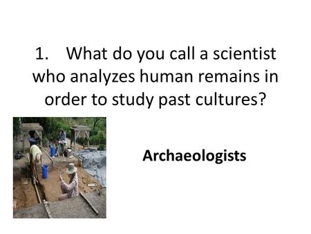 1.What do you call a scientist who analyzes human remains in order to study past cultures? Archaeologists.