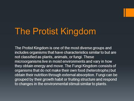 The Protist Kingdom The Protist Kingdom is one of the most diverse groups and includes organisms that have characteristics similar to but are not classified.