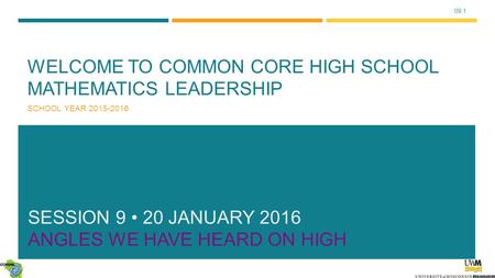 09.1 WELCOME TO COMMON CORE HIGH SCHOOL MATHEMATICS LEADERSHIP SCHOOL YEAR 2015-2016 SESSION 9 20 JANUARY 2016 ANGLES WE HAVE HEARD ON HIGH.