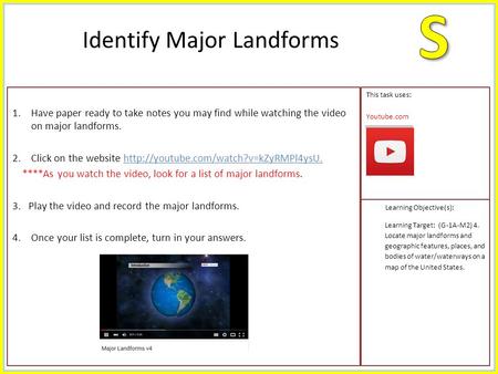 1.Have paper ready to take notes you may find while watching the video on major landforms. 2.Click on the website