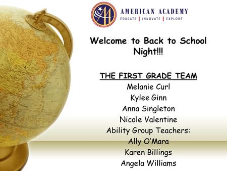 Welcome to Back to School Night!!! THE FIRST GRADE TEAM Melanie Curl Kylee Ginn Anna Singleton Nicole Valentine Ability Group Teachers: Ally O’Mara Karen.