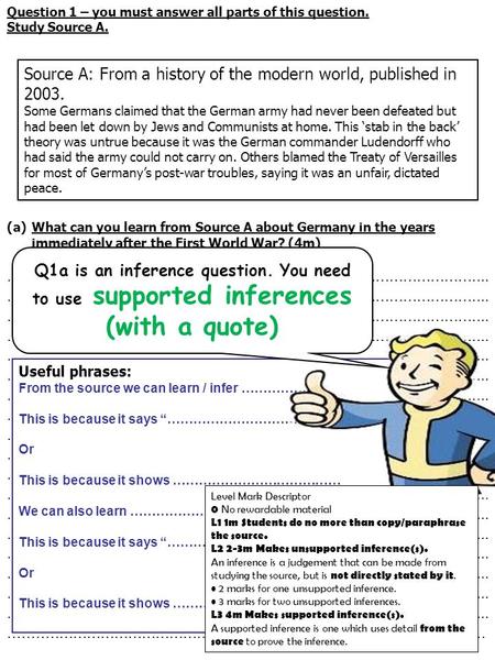 Question 1 – you must answer all parts of this question. Study Source A. (a)What can you learn from Source A about Germany in the years immediately after.