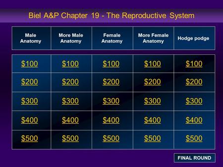 Biel A&P Chapter 19 - The Reproductive System $100 $200 $300 $400 $500 $100$100$100 $200 $300 $400 $500 Male Anatomy More Male Anatomy Female Anatomy More.