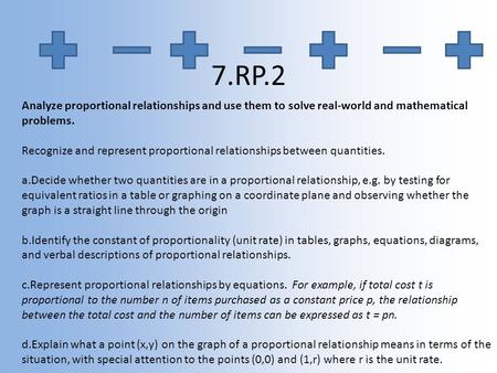 7.RP.2 Analyze proportional relationships and use them to solve real-world and mathematical problems. Recognize and represent proportional relationships.