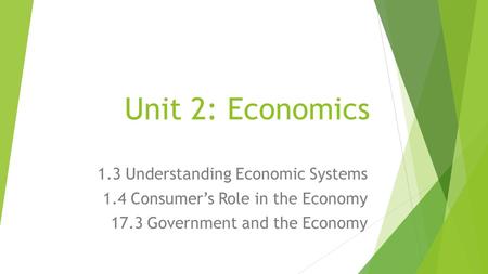 Unit 2: Economics 1.3 Understanding Economic Systems 1.4 Consumer’s Role in the Economy 17.3 Government and the Economy.