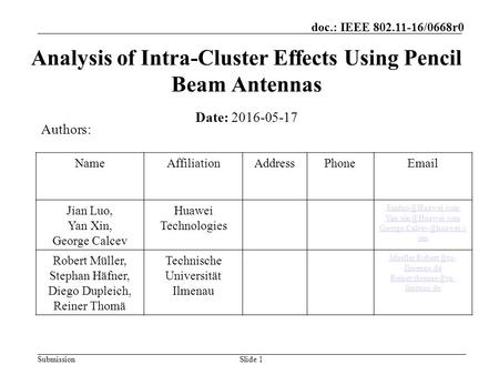 Submission doc.: IEEE 802.11-16/0668r0 Analysis of Intra-Cluster Effects Using Pencil Beam Antennas Date: 2016-05-17 Authors: Slide 1 NameAffiliationAddressPhone .