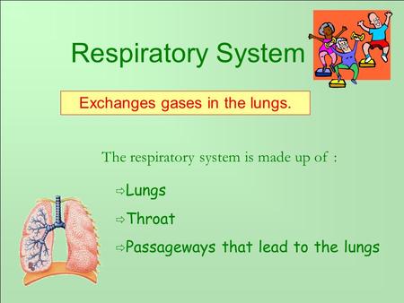 Respiratory System ð Lungs ð Throat ð Passageways that lead to the lungs The respiratory system is made up of : Exchanges gases in the lungs.