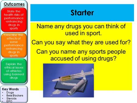 Describe the effects of some performance -enhancing drugs in sports Explain the ethical issues of athletes using banned drugs Outcomes State the health.