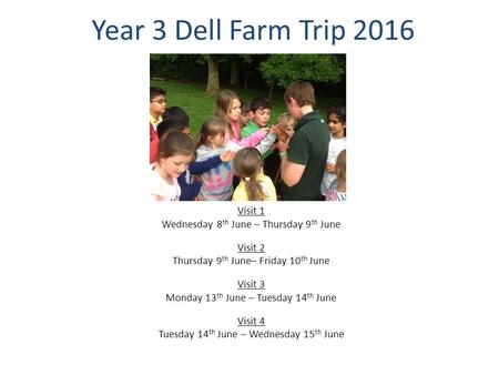 Year 3 Dell Farm Trip 2016 Visit 1 Wednesday 8 th June – Thursday 9 th June Visit 2 Thursday 9 th June– Friday 10 th June Visit 3 Monday 13 th June – Tuesday.