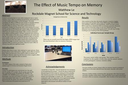 The Effect of Music Tempo on Memory Matthew Le Rockdale Magnet School for Science and Technology Students commonly listen to music while studying for tests.