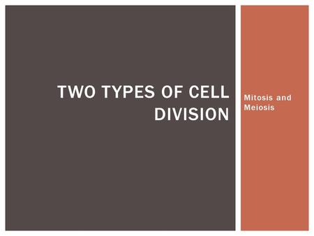 Mitosis and Meiosis TWO TYPES OF CELL DIVISION.  Growth  Repair  Replace  Reproduce WHAT IS THE PURPOSE OF CELL DIVISION?