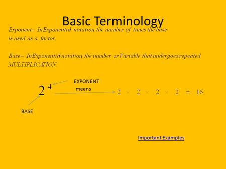 Basic Terminology BASE EXPONENT means Important Examples.