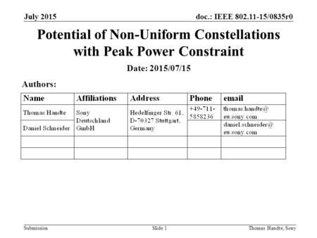 Doc.: IEEE 802.11-15/0835r0 Submission July 2015 Thomas Handte, SonySlide 1 Potential of Non-Uniform Constellations with Peak Power Constraint Date: 2015/07/15.