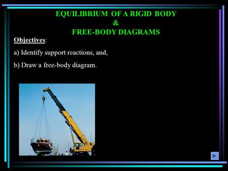EQUILIBRIUM OF A RIGID BODY & FREE-BODY DIAGRAMS Objectives: a) Identify support reactions, and, b) Draw a free-body diagram.
