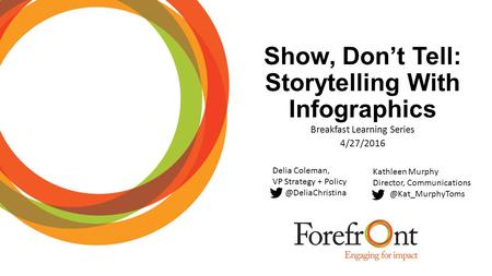 Show, Don’t Tell: Storytelling With Infographics Breakfast Learning Series 4/27/2016 Delia Coleman, VP Strategy + Kathleen Murphy.