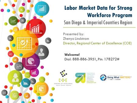 Labor Market Data for Strong Workforce Program San Diego & Imperial Counties Region Welcome! Dial: 888-886-3951, Pin: 178272# Presented by: Zhenya Lindstrom.