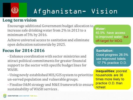 1 Afghanistan- Vision Long term vision Encourage additional Government budget allocation to increase safe drinking water from 2% in 2013 to a minimum of.