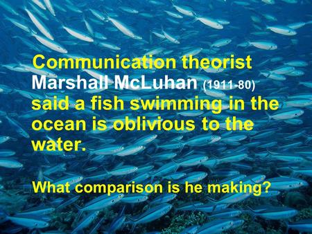  Communication theorist Marshall McLuhan (1911-80) said a fish swimming in the ocean is oblivious to the water.  What comparison is he making?