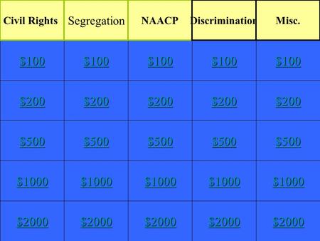 $200 $500 $1000 $2000 $100 $200 $500 $1000 $2000 $100 $200 $500 $1000 $2000 $100 $200 $500 $1000 $100 $2000 $200 $500 $1000 $2000 $100 Civil Rights Segregation.