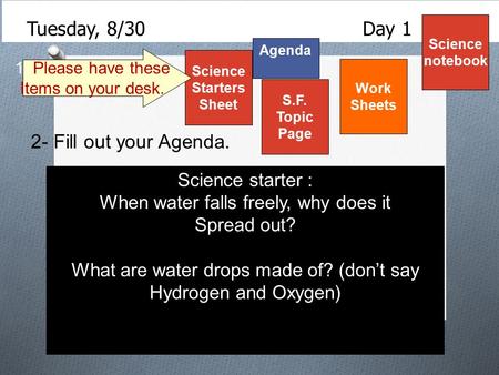 Tuesday, 8/30 Day 1 Science Starters Sheet 1. Please have these Items on your desk. Agenda 2- Fill out your Agenda. Science starter : When water falls.