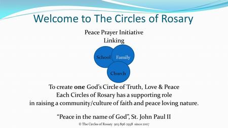 Peace Prayer Initiative Linking School Family Church To create one God’s Circle of Truth, Love & Peace Each Circles of Rosary has a supporting role in.
