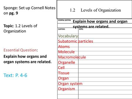 Sponge: Set up Cornell Notes on pg. 9 Topic: 1.2 Levels of Organization Essential Question: Explain how organs and organ systems are related. Text: P.