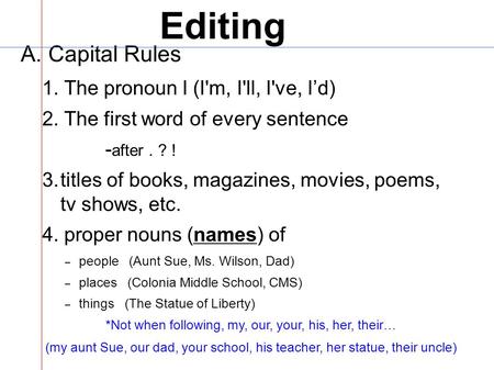Editing A. Capital Rules 1. The pronoun I (I'm, I'll, I've, I’d) 2. The first word of every sentence - after. ? ! 3.titles of books, magazines, movies,