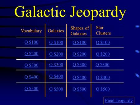 Galactic Jeopardy Vocabulary Galaxies Shapes of Galaxies Star Clusters Q $100 Q $200 Q $300 Q $400 Q $500 Q $100 Q $200 Q $300 Q $400 Q $500 Final Jeopardy.