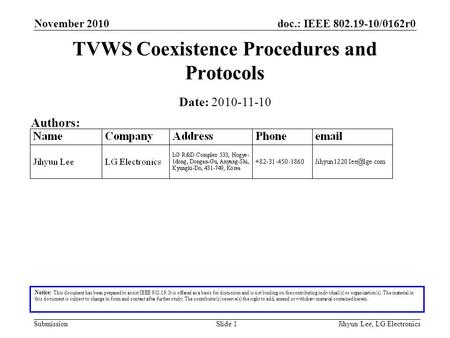 Doc.: IEEE 802.19-10/0162r0 Submission November 2010 Jihyun Lee, LG ElectronicsSlide 1 TVWS Coexistence Procedures and Protocols Notice: This document.