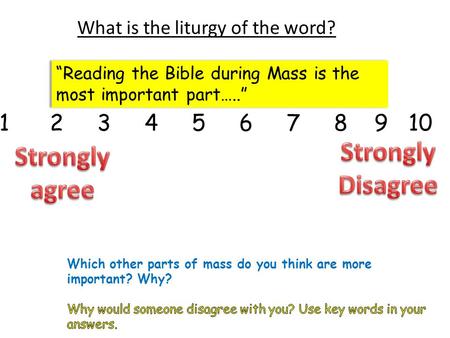 What is the liturgy of the word? “Reading the Bible during Mass is the most important part…..” 1 2 3 4 5 6 7 8 9 10.