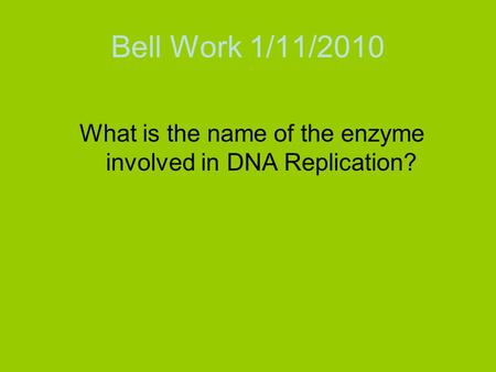Bell Work 1/11/2010 What is the name of the enzyme involved in DNA Replication?