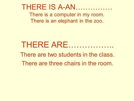 THERE IS A-AN…………… There is a computer in my room. There is an elephant in the zoo. THERE ARE…………….. There are two students in the class. There are three.