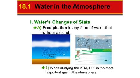 I. Water’s Changes of State 18.1 Water in the Atmosphere  A) Precipitation is any form of water that falls from a cloud.  1) When studying the ATM, H20.