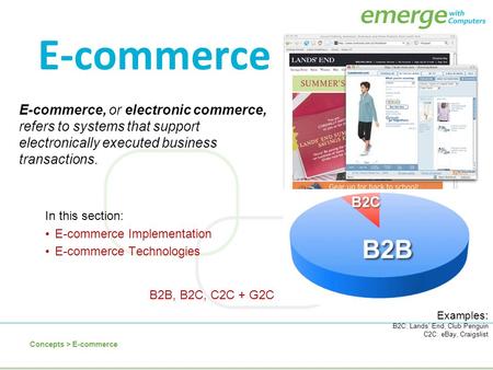 E-commerce, or electronic commerce, refers to systems that support electronically executed business transactions. E-commerce In this section: E-commerce.