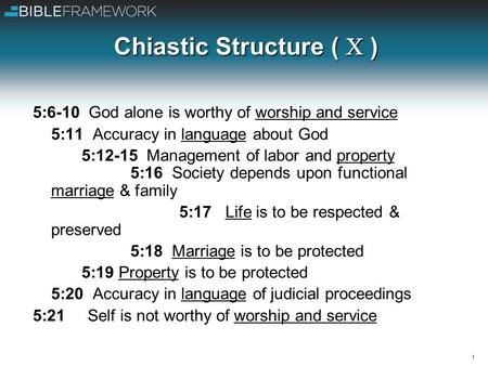 Chiastic Structure (  ) 1 5:6-10 God alone is worthy of worship and service 5:11 Accuracy in language about God 5:12-15 Management of labor and property.