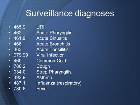 Surveillance diagnoses 465.9URI 462Acute Pharyngitis 461.9Acute Sinusitis 466Acute Bronchitis 463Acute Tonsillitis 079.99Viral Infection 460Common Cold.