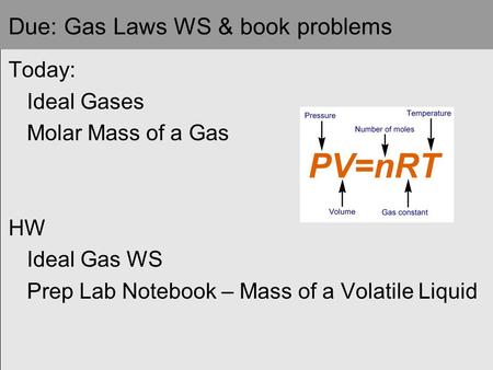 Due: Gas Laws WS & book problems Today: Ideal Gases Molar Mass of a Gas HW Ideal Gas WS Prep Lab Notebook – Mass of a Volatile Liquid.