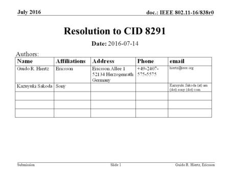 Submission doc.: IEEE 802.11-16/838r0 July 2016 Guido R. Hiertz, EricssonSlide 1 Resolution to CID 8291 Date: 2016-07-14 Authors: