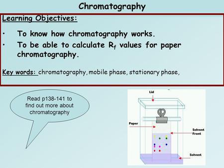 C1 Air quality IC1.1 Chromatography Learning Objectives: To know how chromatography works. To be able to calculate R f values for paper chromatography.