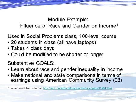 Module Example: Influence of Race and Gender on Income 1 Used in Social Problems class, 100-level course 20 students in class (all have laptops) Takes.
