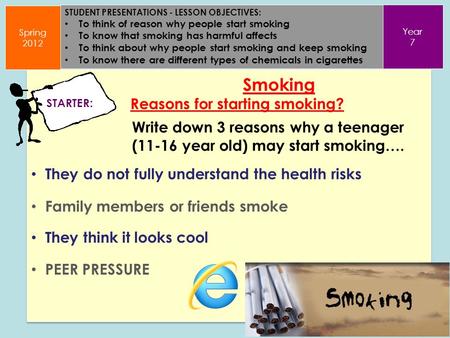 STUDENT PRESENTATIONS - LESSON OBJECTIVES: To think of reason why people start smoking To know that smoking has harmful affects To think about why people.