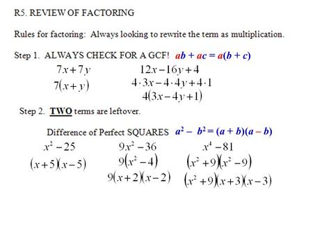 Ab + ac = a(b + c) a 2 – b 2 = (a + b)(a – b). Funny Pattern Rule. a 3 + b 3 = (a + b)(a 2 – ab + b 2 ) a 3 – b 3 = (a – b)(a 2 + ab + b 2 ) 1. Outline: